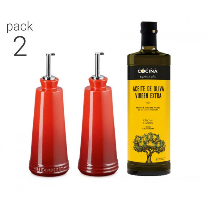 Aceitera, vinagrera Le Creuset y aceite Canal Cocina