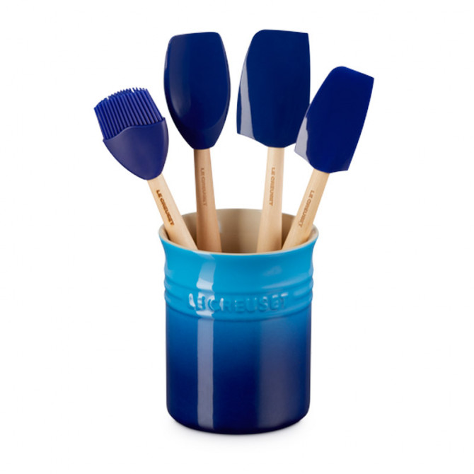 Keramische aardewerk pot + 4 spatels Le Creuset Azure